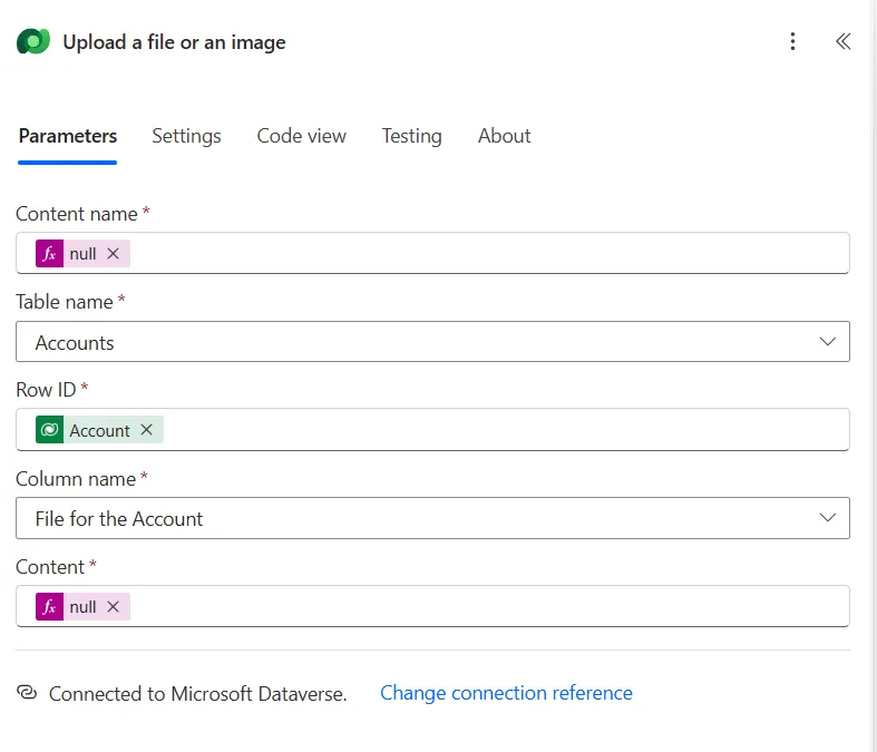 Fill Out the Content name and Content with null expressions