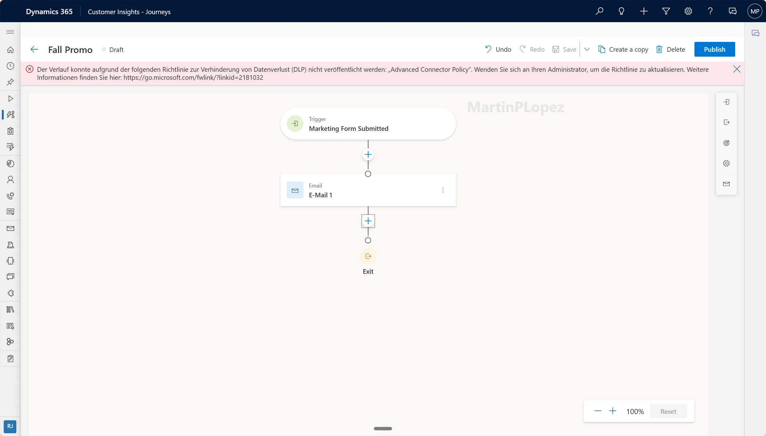 The Journey could not be published due to the following data loss prevention (DLP) policy: 'Advanced Connector Policy'. Contact your administrator to update the policy. Further information can be found here: https://go.microsoft.com/fwlink/?linkid=2181032 What happened?