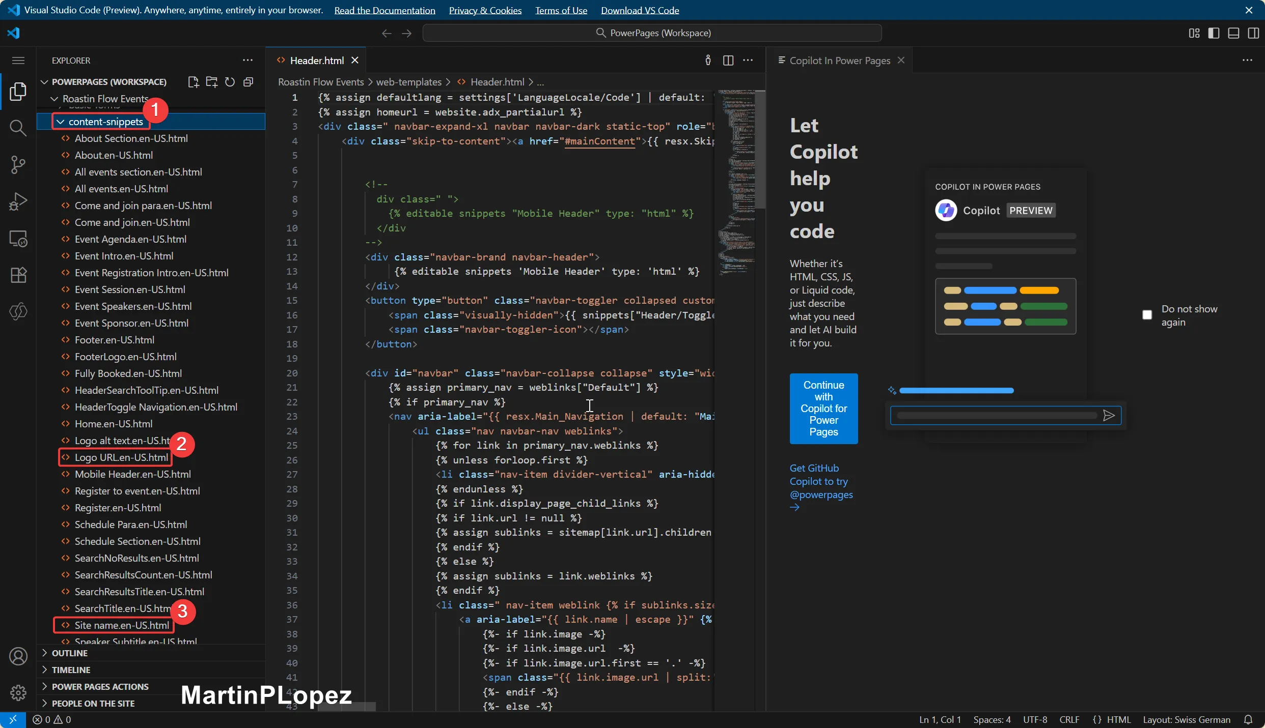 In 'Site name' you define the text displayed in the header. Make sure to save (Ctrl+S)