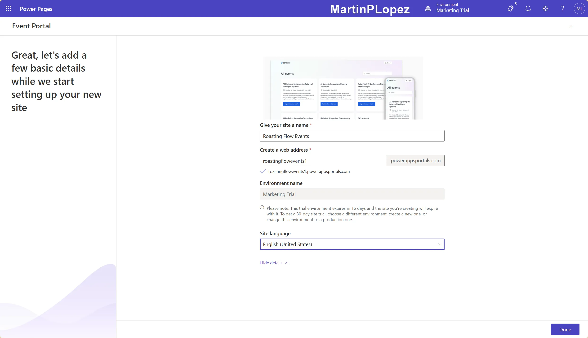 It takes a few minutes to get your site ready. When it finishes, it redirects you to the home page to edit. Template provisioning