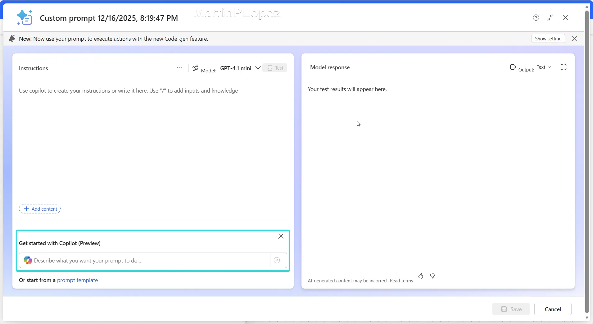 In my experience, I found very useful and straightforward to use the `Get Started with Copilot (Preview)` Option. It works very well to give you a draft Editing a Custom Prompt