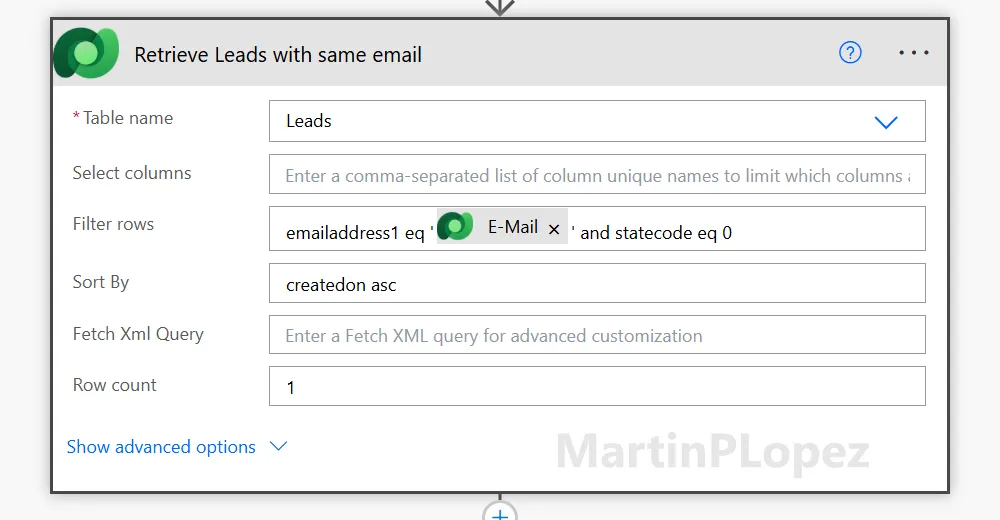 Mind the single quotes around the email in the filter. List rows with Filter rows, Sort by, and Row count filled in under advanced options