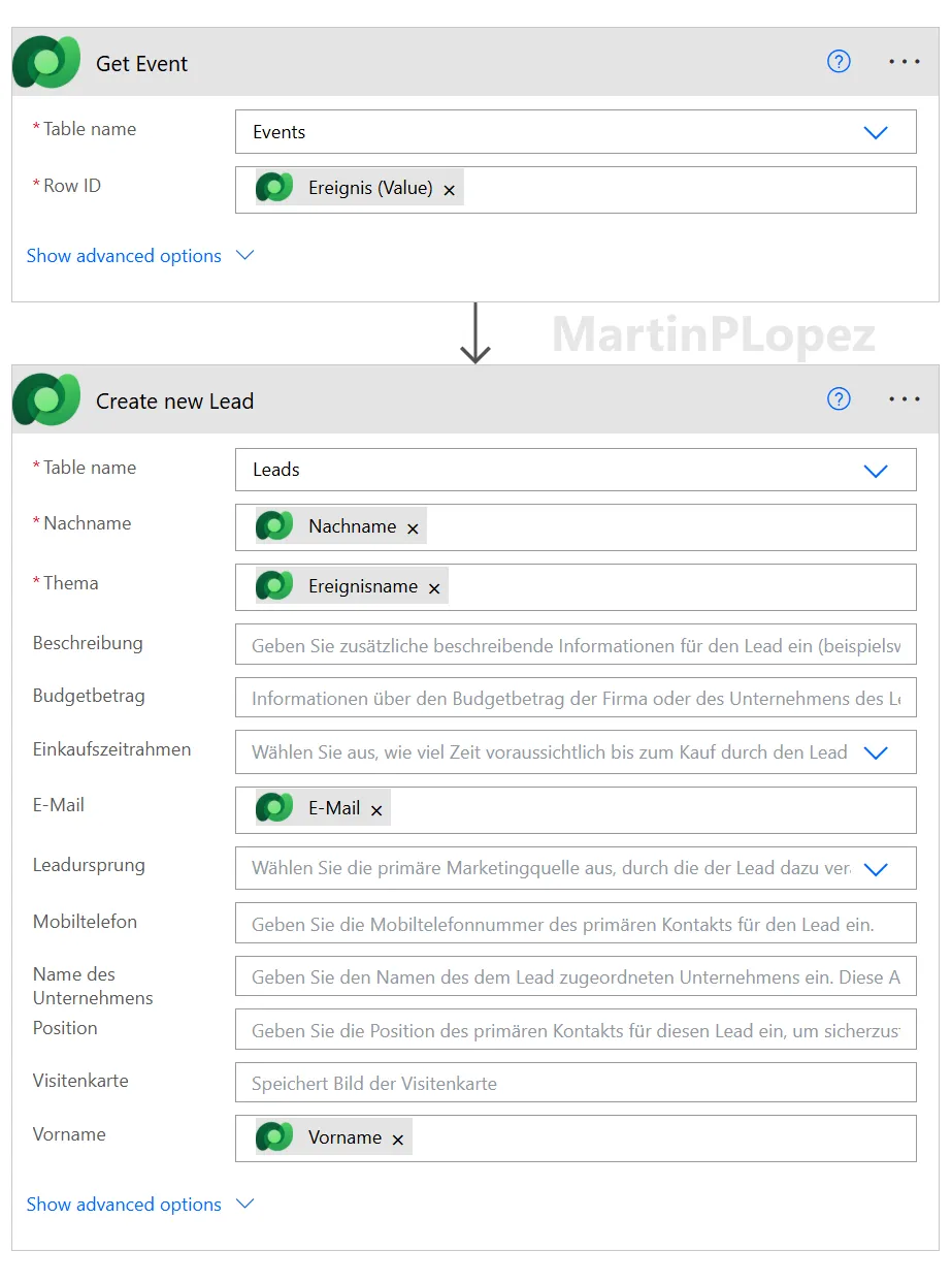 Create a new row on Leads, with Topic, Email, First/Last name, Parent Contact, and Originating Event lookups