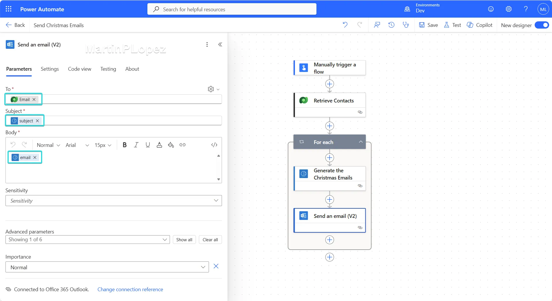 Be mindful, that the `Send an Email (V2)` Action will send all the emails directly, if you prefer to review them before sending, I recommend the `Draft an email message` Action Setting up the Email Part